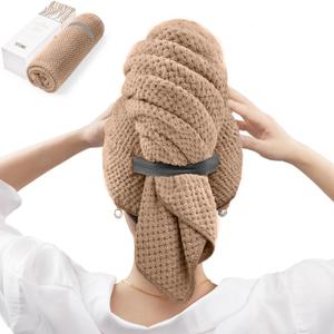 YFONG X-Large Microfiber Hair Towel Wrap for Women, Soft Hair Drying Towel with Elastic Band, Fast Drying Hair Turbans for Wet Curly Long Hair, Microfiber Towel for Hair Anti Frizz 30" X 40" (Brown)