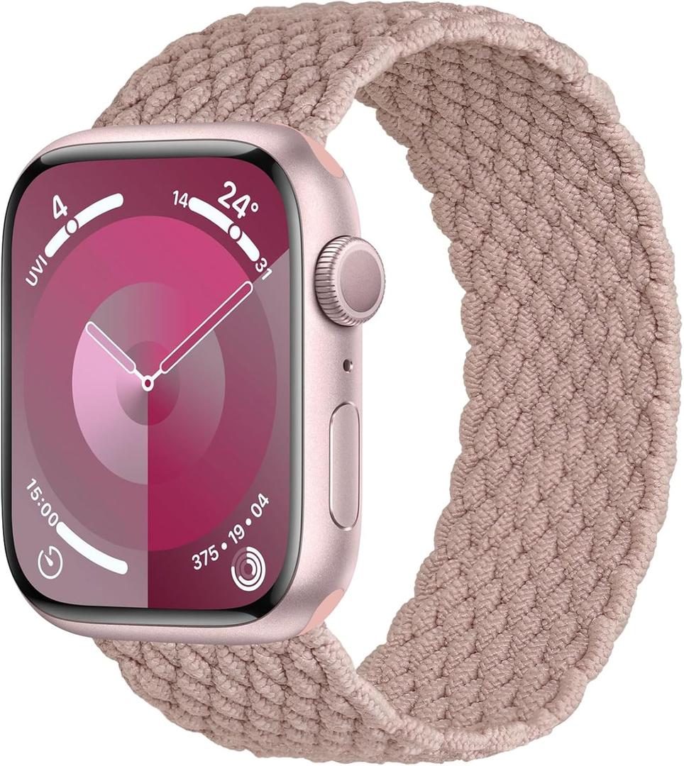 Elastic Band Compatible With Apple Watch Band Series 11 10 46mm 9/8/7 45mm, 6/5/4 44mm for Women Men, Nylon Stretchy Braided Solo Loop Sport Strap for iWatch SE/Ultra 1/2/3, S Nude Pink