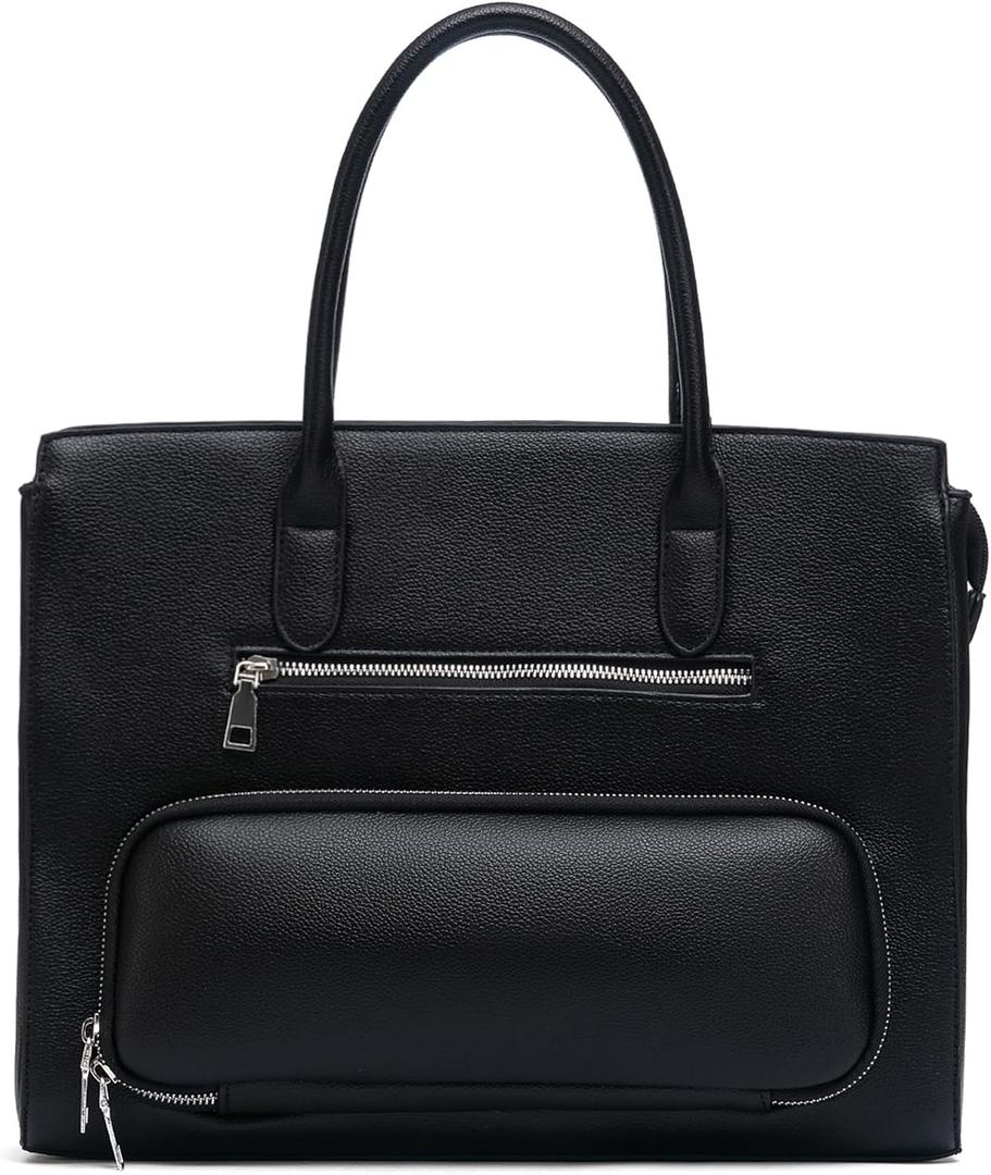 NEWBELLA Women's Vegan Leather Tote Bag with Multiple Pockets and Push-Lock Closure (Black)