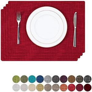 Kevin Textile Burlap Linen Placemats Set of 4 Valentines Day Heat Resistant Dining Table Place Mats Washable Kitchen Table Mats, 13 x19 inches, Burgundy