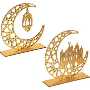 2 Pieces Wood Ramadan Decorations Islamic Eid Mubarak Kareem Table Sign Moon Hollow Star Ornament for Muslim Party Tabletop Decor Home Art Craft Decoration Golden Moon (Gold House)