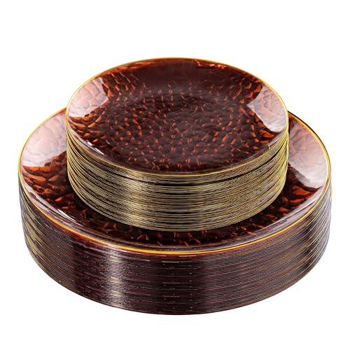Rubtlamp 60Pcs Amber Plastic Plates - Brown Disposable Plates With Gold Rim, Clear Heavy-duty Party Plates, Hammered Plates Include 30 Dessert Platos, 30 Dinner Platos for Party