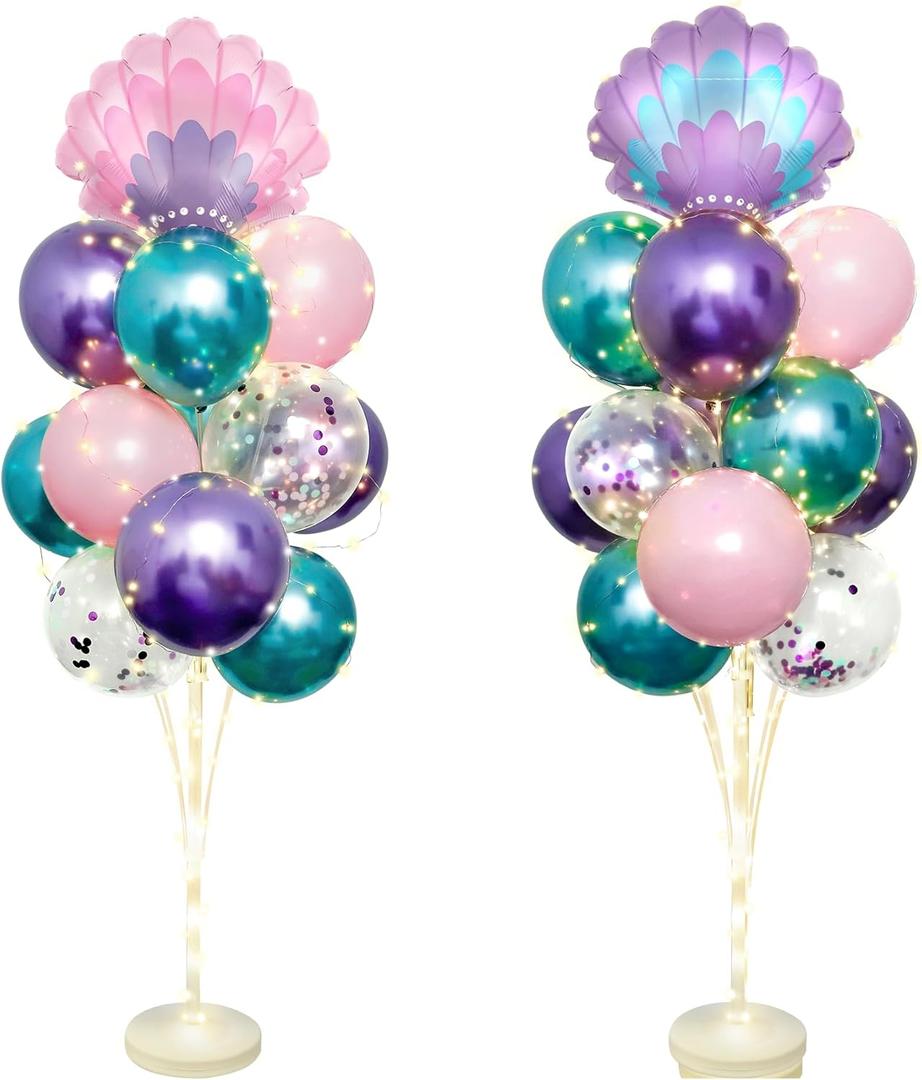 2 Set Mermaid Balloon Stand Kit for Floor with Lights, 53Inch in Height, 30Pcs Latex Confetti Balloons Column Holder Tower Centerpieces for Mermaid Sea Beach Theme Birthday Party Decorations (Blue)