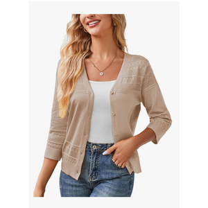 GRACE KARIN Women's 2025 Cropped Cardigan 3/4 Sleeve Lightweight Crochet Shrug Hollowed-Out Knit Sweater Tops, Size S