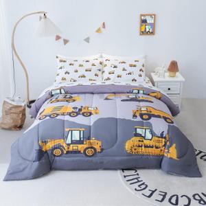 Cokouchyi Twin Size Comforter Set for Boys, 4-Piece Bed in a Bag, 3D Construction Bedding Comforter Sheet Set, Ultra Soft and Fluffy, Cartoon Truck Cars