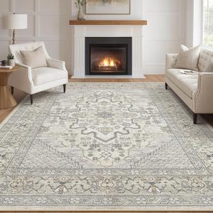 Tortania Area Rug Living Room Rugs - 9x12 Washable Boho Rug Vintage Oriental Distressed Farmhouse Large Thin Indoor Carpet for Living Room Bedroom Under Dining Table Home Office - Beige Linen