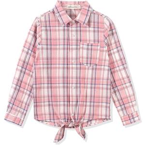 Noomelfish Girls Long Sleeve Button Down Shirt Tie Front Blouse Tops (5-14 Years) (9-10 Years, Pink Plaid)