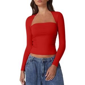 QINSEN Long Sleeve Square Neck Tops for Women Double Lined Side Ruching Going Out Shirts Basic Tee (X-Large, Red)