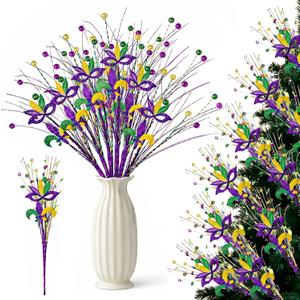 8 Pcs Glitter Floral Picks for Mardi Gras Decor, 17 Inch Purple Green Gold Fleur-de-Lis Floral Picks for Table Centerpieces, Vase Filler, Tree & Party Decorations