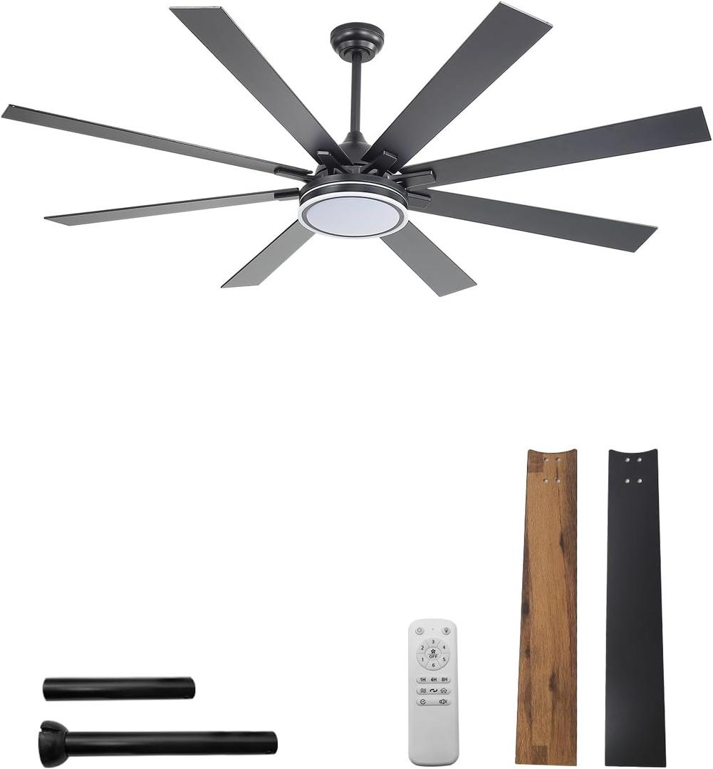 FELCO 72 Inch Ceiling Fan with Lights and Remote, Large Black Ceiling Fan | Quiet DC Motor, 6-Speed Reversible, 8 Dual-Finish Blades, 3CCT, 24W LED Light, for Living Room & Covered Outdoor Patio