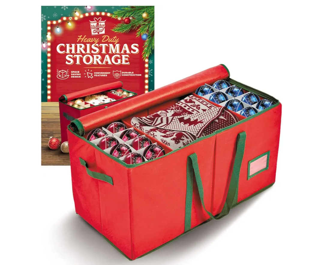 Holiday Cheer Premium Christmas Ornament Storage – Christmas Storage Container for Home Decorations and Festive Office Organizer – Fits 128 Holiday Ornaments – Tear-Proof Fabric