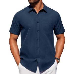 Alimens & Gentle Mens Short Sleeve Dress Shirt Wrinkle Free Solid Casual Button Down Shirts for Summer Business Wedding (Blue, XL)