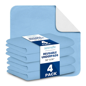 Serenelife Reusable Underpads 4-Pack Blue Incontinence Bed Pads 34 x 36 IN - For Adults, Kids & Pets - Super Absorbent & Leak-Resistant - Soft Top Layer For All Skin Types - Washable & Reusable - Blue