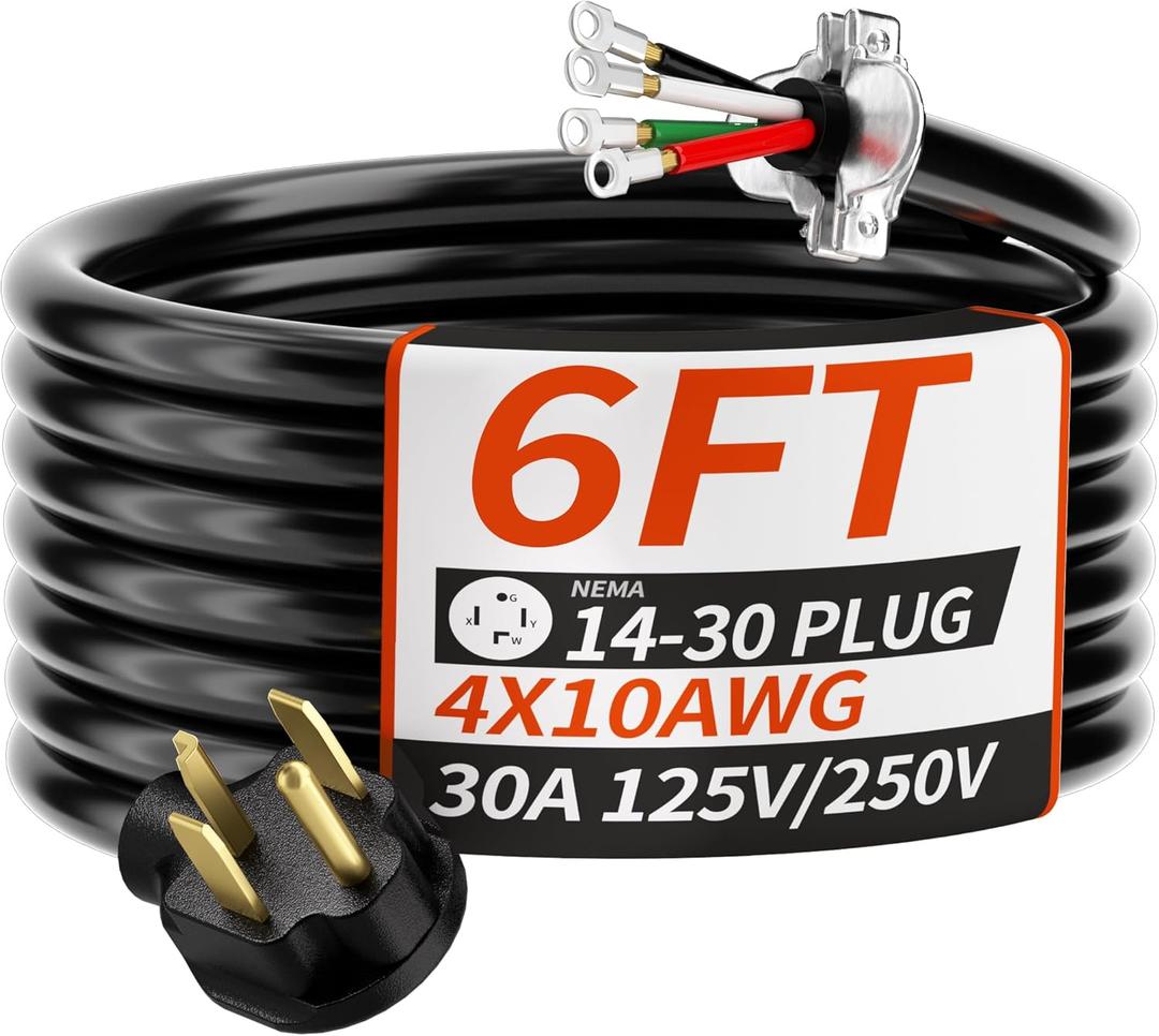 6 FT 4 Prong Dryer Cord 30 AMP Black, 10/4 Gauge Dryer Extension Cord Heavy Duty, NEMA 14-30P to 4-Wire Appliance Power Cable, ETL Listed