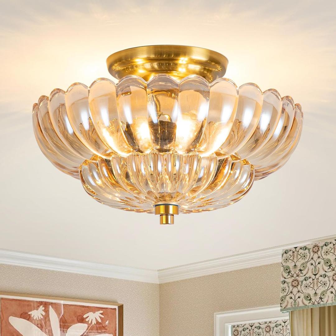 Modern Semi Flush Mount Ceiling Light, Amber Glass Hallway Ceiling Light Fixture, E26 Vintage Gold Close to Ceiling Light Fixture for Kitchen, Living Room, Porch, Entryway