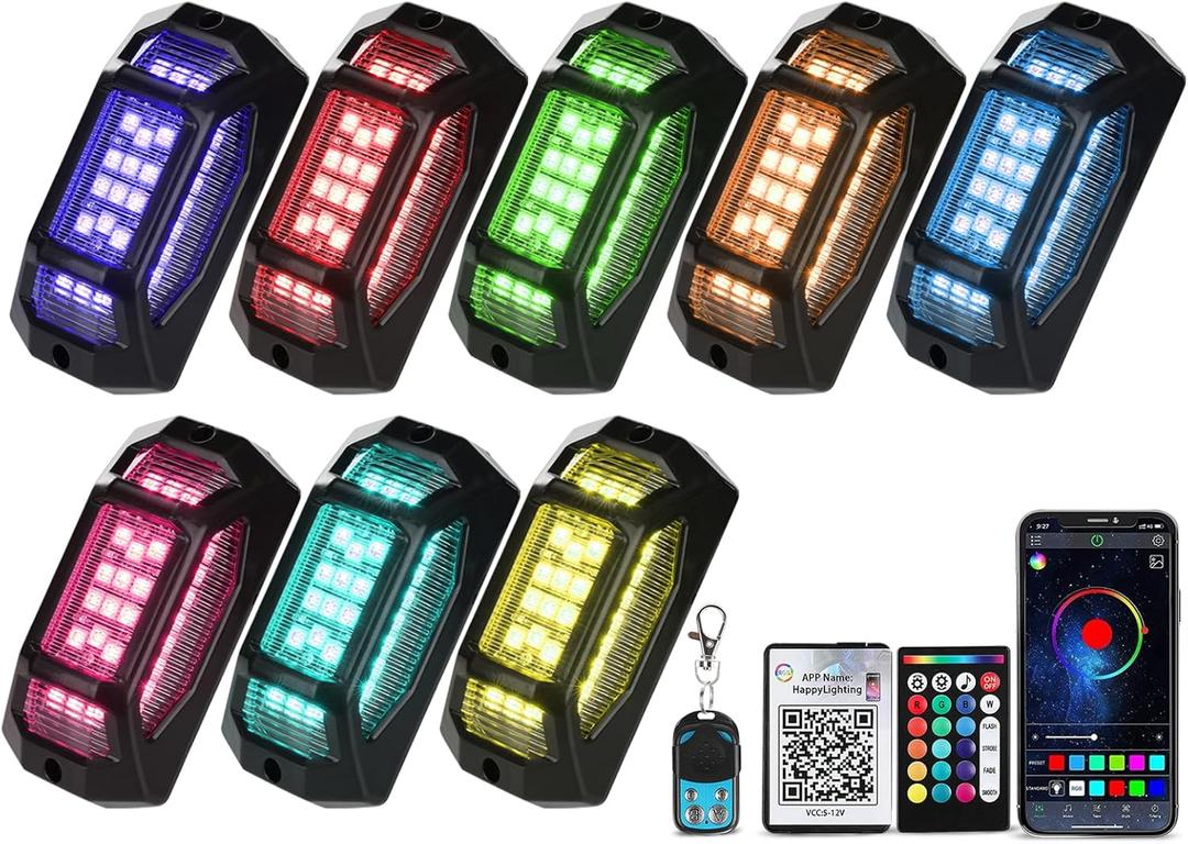 8 Pods 5-Sided RGB Rock Lights for Trucks Cars - IP67 Waterproof Exterior Underglow Neno Kit, Music Sync APP + RF Remotel, Easy No-Drill Install, Universal Fit for SUVs/Off-Road/Daily Use