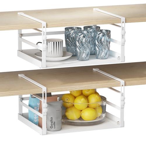 HENGI 2 Pack Adjustable Under Shelf Storage, Heavy Duty Metal Basket Organizer for Kitchen Cupboard Cabinet Pantry Laundry Desk Bookshelf, White