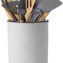 Comfify Large Ceramic Kitchen Utensil Holder with Vintage Old-Fashioned Floral Pattern – Elegant White Decorative Crock for Countertop Organization – Organizer for Tools, Spatulas, Spoons & More