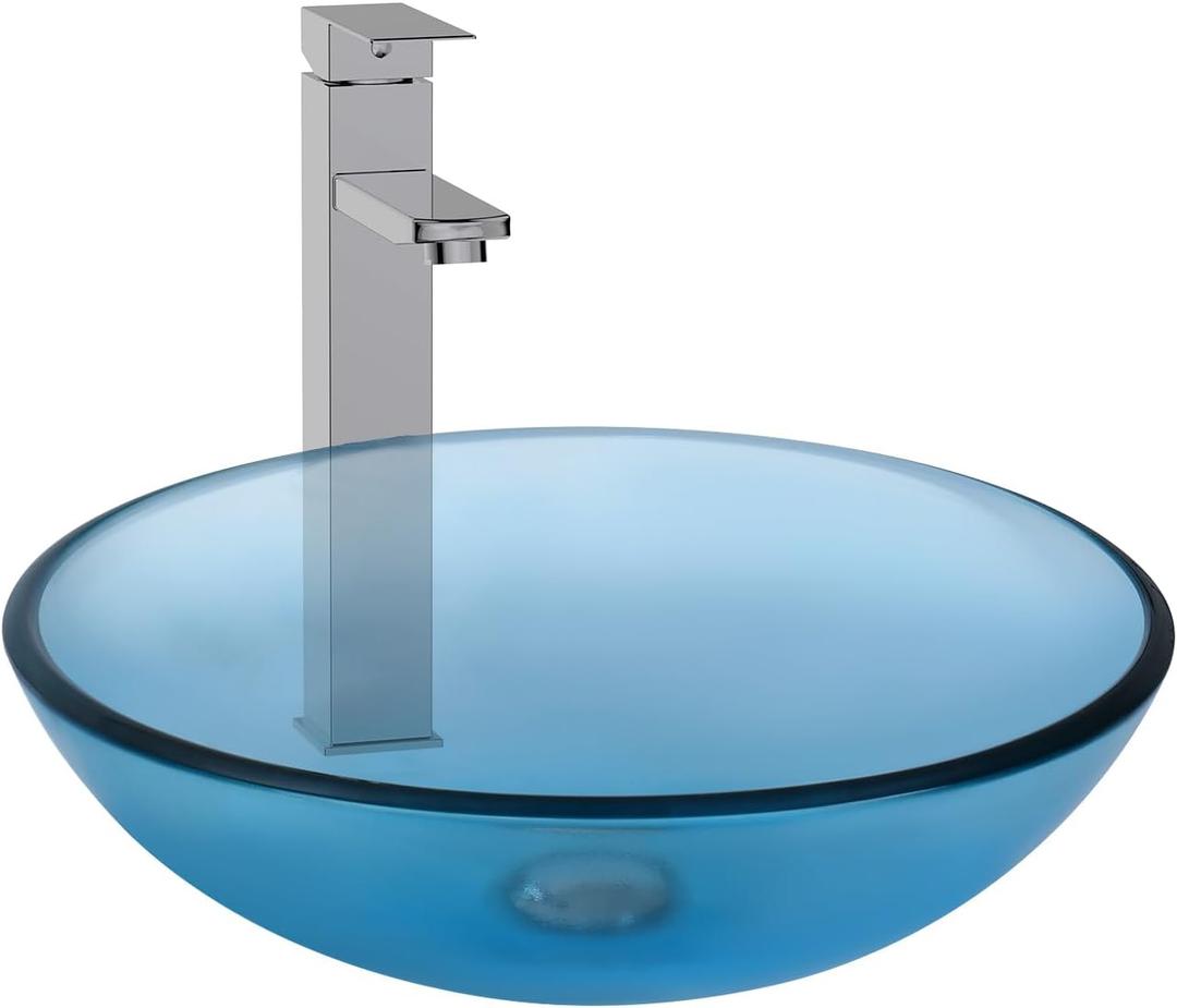 Bathroom Vessel Sink, Tempered Glass Vanity Round Bowl, Clear Blue, 16.5 x 5.5 inches