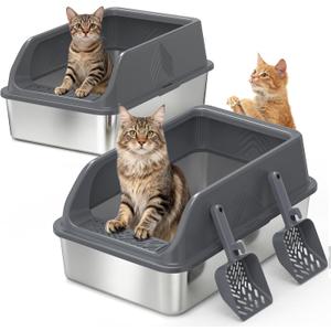 2 Pack Stainless Steel Litter Box with Lid, XL Metal Cat Litter Boxes High Sided Enclosed for Big Cat and Multiple Cats, Anti-Urine Leakage | Non-Stick Bottom & Includes Scoop (Dark Gray)