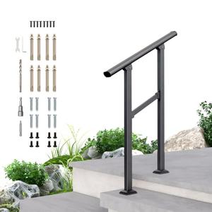 DIYHD 8 Step Handrail for Outdoor, Powder Coated Iron Stair Railing, Black Hand Rails for Indoor, Porch, Deck, 1 Pack