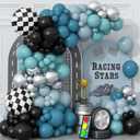 Race Car Balloons Garland Arch Kit, Dusty Blue Balloons Green Black Balloon Pale Blue Metallic Silver Balloon Arch Kit with Checkered Foil Balloon for Car Fast Birthday Baby Shower Party Decorations