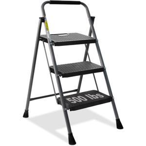 3 Step Ladder, GOLYTON Folding Step Stool with Anti-Slip Wide Pedal & Convenient Handgrip, 500lbs Capacity Steel Ladder for Household and Office, Grey (3-Step, Gray)