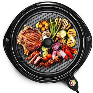 Elite Gourmet EMG-980BX Large Indoor Electric Round Nonstick Grill Cool Touch Fast Heat Up Ideal Low-Fat Meals Dishwasher Safe Includes Glass Lid, 14", Black