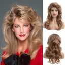 Sallcks Womens 80s Blonde Wig Long Layered Blonde Wigs with Bangs 80s Vintage Cosplay Costume Disco Hair Wig