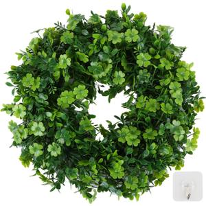 18" St Patricks Day Shamrock Wreath for Front Door,St Patrick Day Artificial Wreath Outdoor Decorations, Lucky Clover Spring Summer Greenery Hanging for Farmhouse Wall Window Indoor Porch Home Decor