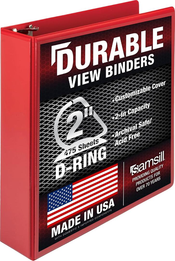 Samsill Durable 2 inch 3 Ring Binder, D Ring Binder, 100% Recycled Chipboard, Red