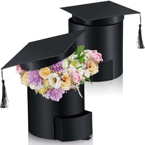 Weekgrat 2 Pack Graduation Cap Candy Box Graduation Cap Flower Gift Boxes, 6.9 x 6.4 in Empty Container for Grad Ceremony Party Activities Celebrations(Black,Round)
