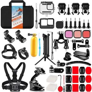HONGDAK Action Camera Accessories Kit for GoPro Hero 13 12 11 10 9 Black, Waterproof Housing+Silicone Case+ Adjustable Arm+Head Chest Wrist Strap+Bike Mount+Suction Cup+Floating Grip Bundle Set 63in1