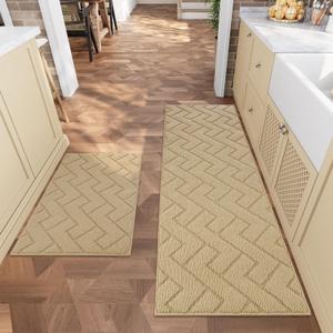 hicorfe Kitchen Runner Rugs and Mats Sets,2 Pieces Absorbent Non-Slip Kitchen Rug,Comfort Kitchen Mat for Floor, Washable for Kitchen,Hallway,Sink,Laundry(20"x59"+20"x32",Brown)