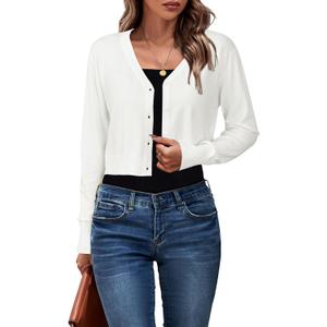 Newshows Cropped Cardigan Sweaters For Women 2026 Crew Neck Button Down Open Front Knit Bolero Shrugs (White, L)