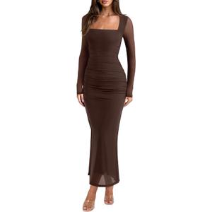 REORIA Long Sleeve Wedding Guest Maxi Dresses for Women Sheer Mesh Square Neck Ruched Bodycon Long Dress 2026 Spring Outfits, L