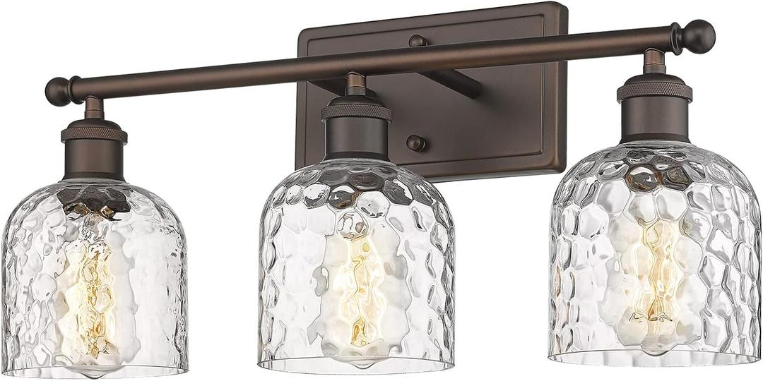 zeyu 3-Light Farmhouse Vanity Light Over Mirror, 21-inch Bathroom Light Fixtures with Hammered Glass Lampshade, Oil Rubbed Bronze Finish, ZJF63B-3W ORB