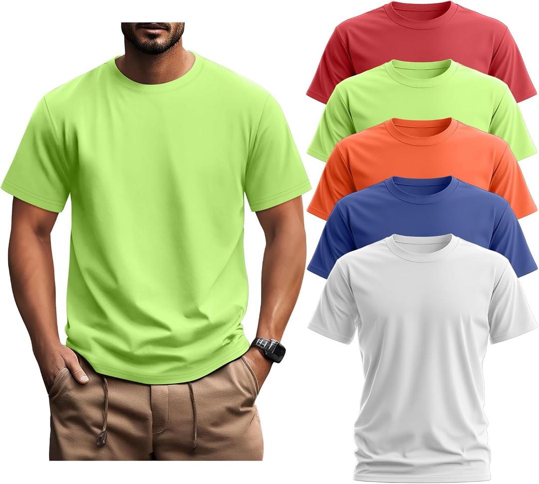 Ficerd 5 Pack Men's Big and Tall Shirts Short Sleeve Cotton Tee Summer Crew Neck Oversize Top Loose Fit Shirt Multipack (Large, Light Red, Neon Green, Jacinth, Royal Blue, White)