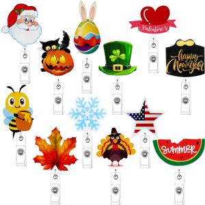 12 Pcs Holiday Badge Reels Rabbit Retractable Nurse Badge Clip Reels Holder Felt with Clip for Teachers Doctor Employees Volunteers Xmas Decor(Multi Style)