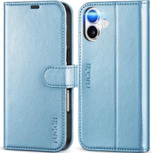TUCCH Case Wallet for iPhone 16 5G, [RFID Blocking] 4 Card Holder Stand [Shockproof TPU Interior Case] PU Leather Magnetic Protective Flip Cover Compatible with iPhone 16, Shiny Light Blue