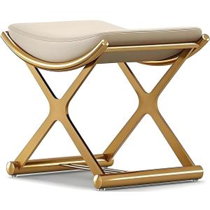 CHSSIH Vanity Stool Chair for Makeup - Small Backless Leather Stool for Vanity - Modern Ottoman Bench Seat with Metal X Legs, Footstool for Bathroom & Living Room - Gold