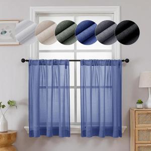 Lecloud Serena Semi-Sheer Blue Curtain Tiers 36 Inch Long, Kitchen Curtain for Windows, Short Cafe Curtains with Rod Pocket for Bedroom/Living Room (Each 40 W x 36 L, 2 Panels Set, Blue)