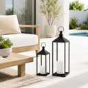 LED Lanterns Decorative Indoor&Outdoor, 19’’ 13’’ Large Black Candle Lanterns Set with 2 Flameless Candles, Metal Holders for Porch, Patio, Garden, Home, Fireplace, Decorations Decor