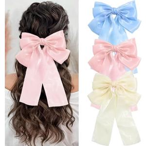 SAWINDA 3PCS Hair Bow Clips Pink Hair Ribbons Luster Chiffon Bowknot Hair Clips Hair Ribbon Ponytail Cute Aesthetic Hair Accessories Metal Clips Barrettes for Women and Girls