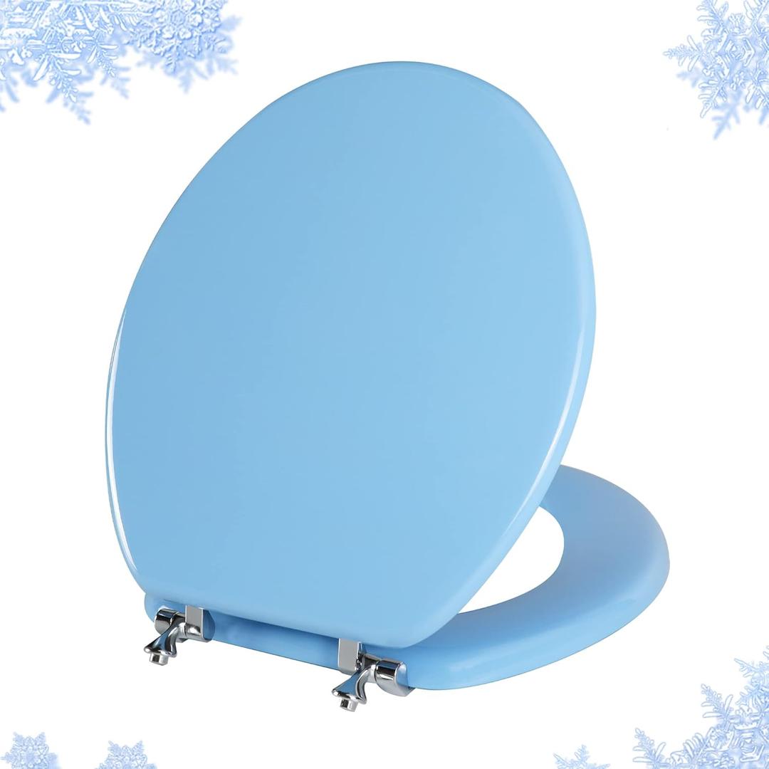 Blue Round Toilet Seat Natural Wood Toilet Seat with Zinc Alloy Hinges, Easy to Install also Easy to Clean, Scratch Resistant Toilet Seat by Angol Shiold (Round, Blue)