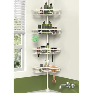 KEGII Shower Corner Caddy Tension Pole, Rustproof Corner Bathroom Organizer, No Drilling Bathtub Shelf for Inside Shower, Waterproof Bathroom Tub Organizer, Fits 25114.2 Inch Height, Cream White