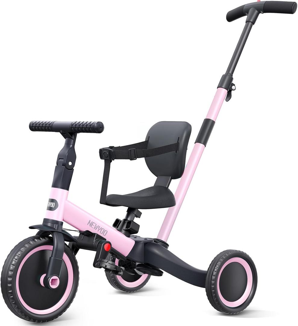 Newyoo Toddler Tricycle,Toddler Bike,Birthday Gifts and Toys for 1-3 Year Old Boys and Girls, Trike with Push Handle, Backrest and Safety Belt, Balance Bike, TR007, Pink