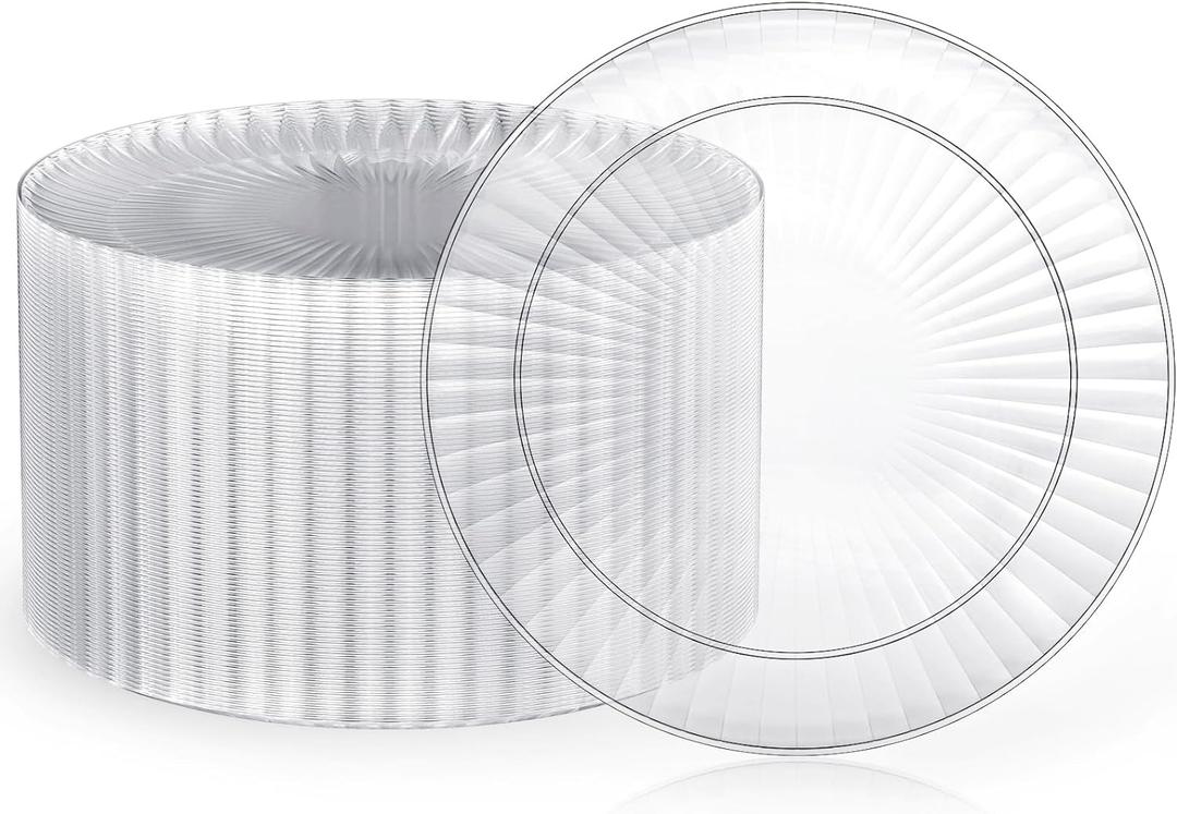FOCUSLINE 90 Count Clear Plastic Plates 10 Inch, Disposable Dinner Plates- Premium Hard Plastic Plate Fancy Disposable Clear Plate for Weddings, Parties and Events
