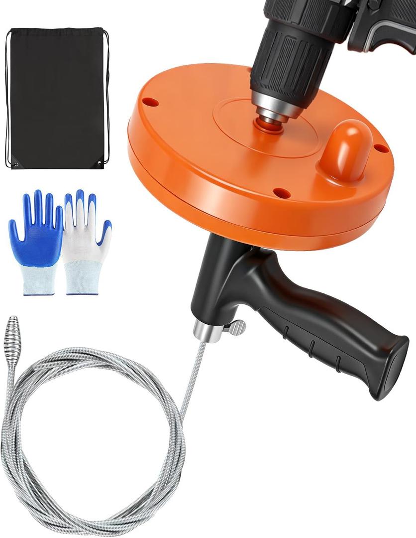 Drain Auger, 25FT Drain Snake with Drill Adapter, Flexible Plumbing Snake Clog Removal Tool with Gloves & Cloth Bag, Use Manually or Powered for Kitchen Bathroom Shower Sink