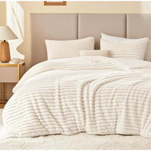 EXQ Home Fluffy Comforter Set Queen Size - Super Soft Faux Fur Stripe Jacquard Comforter 3 Pieces, Cream White Fleece Bedding Set, Winter Warm Bed Set,1 Comforter with 2 Pillowcases (07 Beige)